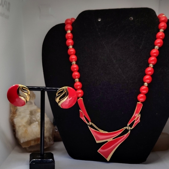 1980s Bold Red and Gold Necklace and Pierced Earring Set - Picture 1 of 10